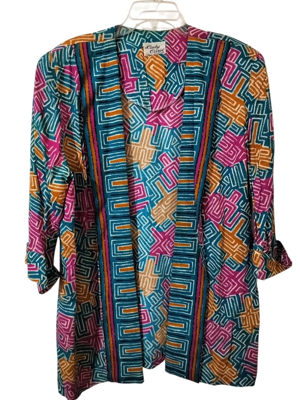 5986Vtg Lady Carol of NY Multicolor Geo Art to Wear Open Front Blazer Jacket 1X?